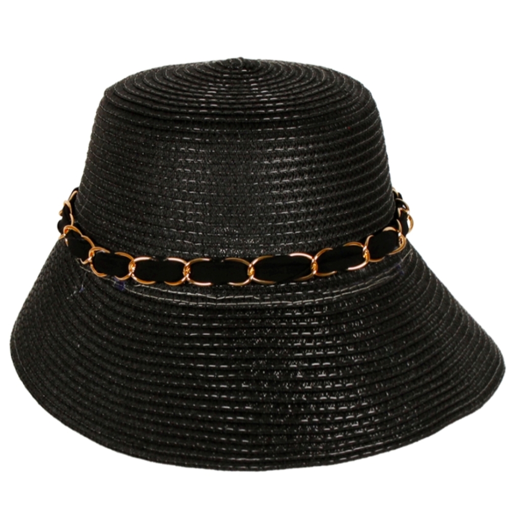 Classy Black Hat With Gold Chain and Scarf Tie in Back